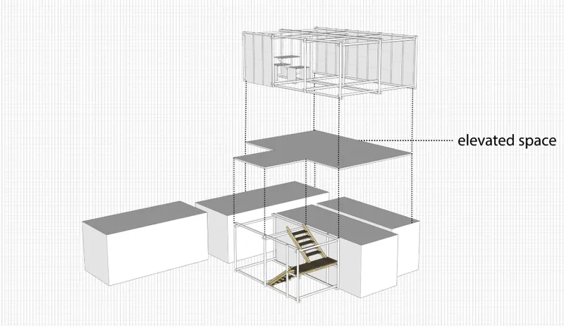 Elevated modular space creates additional room for play and learning above congested living areas.