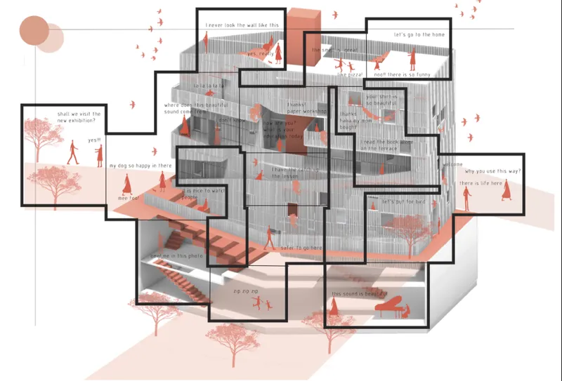 Axonometric view maps everyday encounters, conversations, and shared activities across Hollow’s vertically connected co-housing spaces.