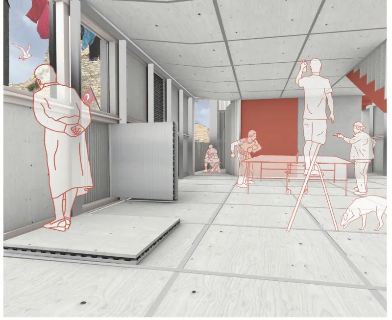 Flexible communal interiors support recreation, social interaction, and multigenerational life within Hollow’s shared residential environment.