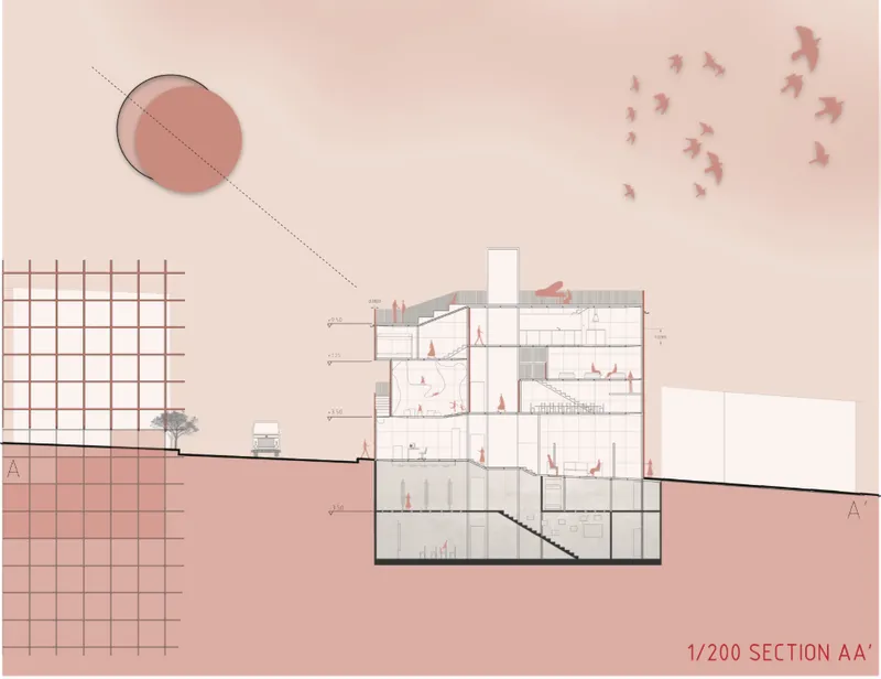 Section AA’ reveals the project’s layered vertical organization, connecting shared spaces, circulation, and underground levels across the sloping site.