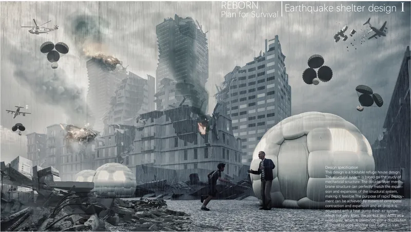 Foldable refuge shelters deploy across a damaged earthquake zone, offering immediate protection amid urban collapse.