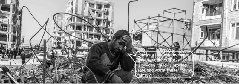 A grieving survivor sits among ruins, questioning how to protect his family after the earthquake.