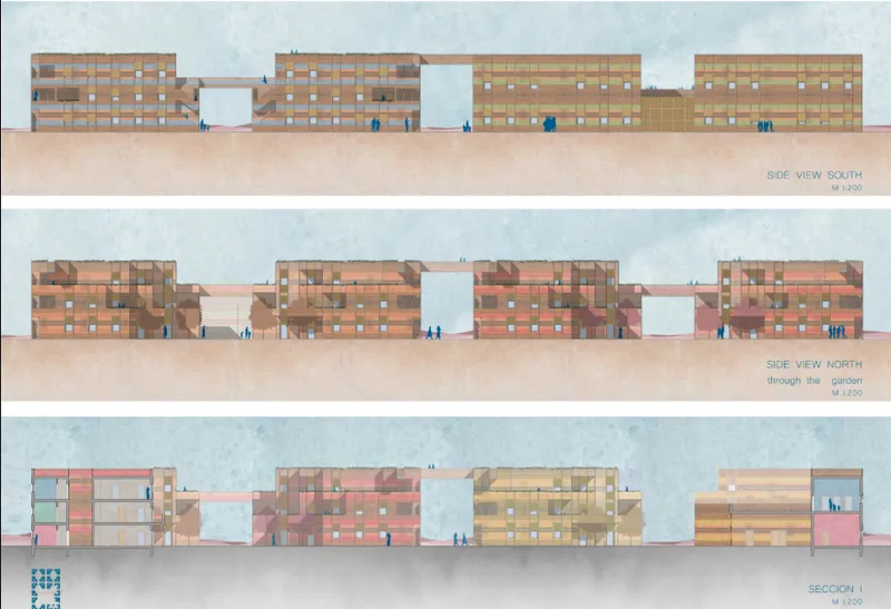 Elevations and sections reveal Resile’s layered clay architecture, connected volumes, bridges, and varied residential facades.