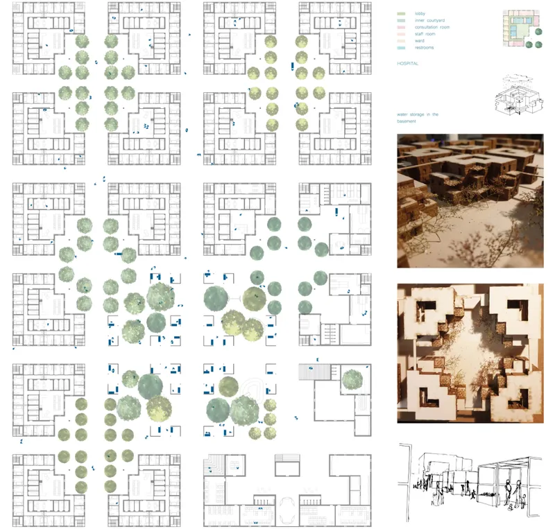 The master plan organizes housing and community facilities around landscaped courtyards that encourage interaction, movement, and shared daily life.