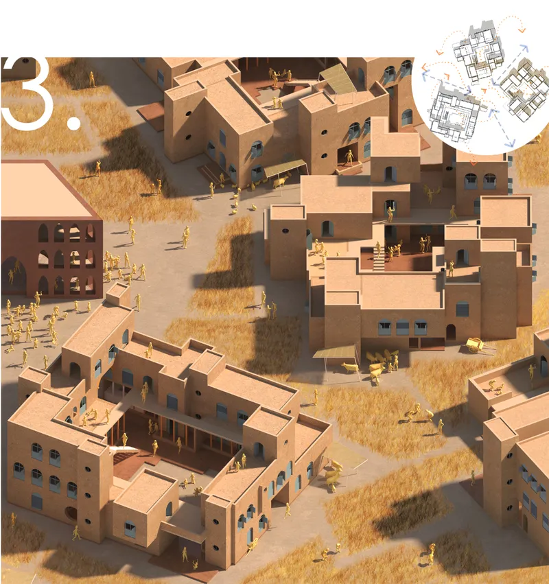 Vernacular micro-clusters shape a walkable settlement connected through shared courtyards and productive landscapes.