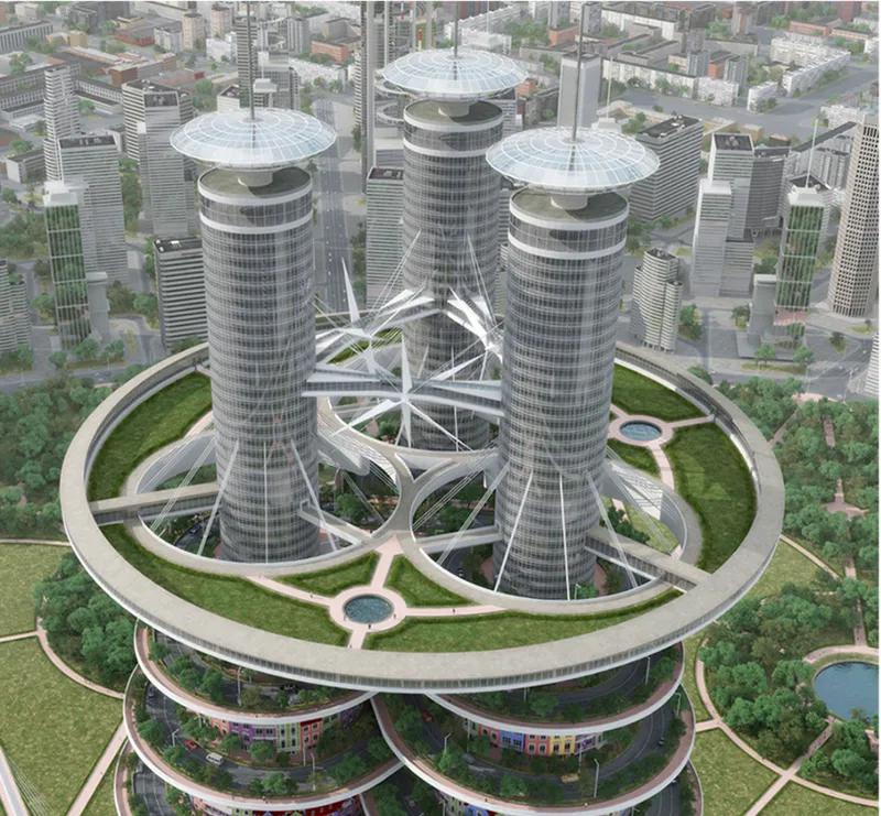 Three upper towers emerge from a landscaped circular crown, linking offices, elevated gardens and panoramic public spaces.