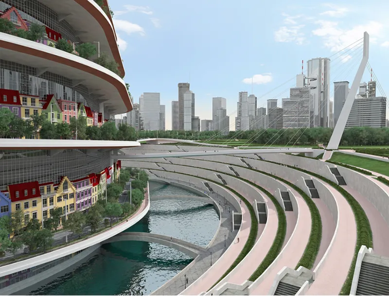 Bridges, waterways and stepped public landscapes connect the vertical city to its surrounding park and wider urban skyline.