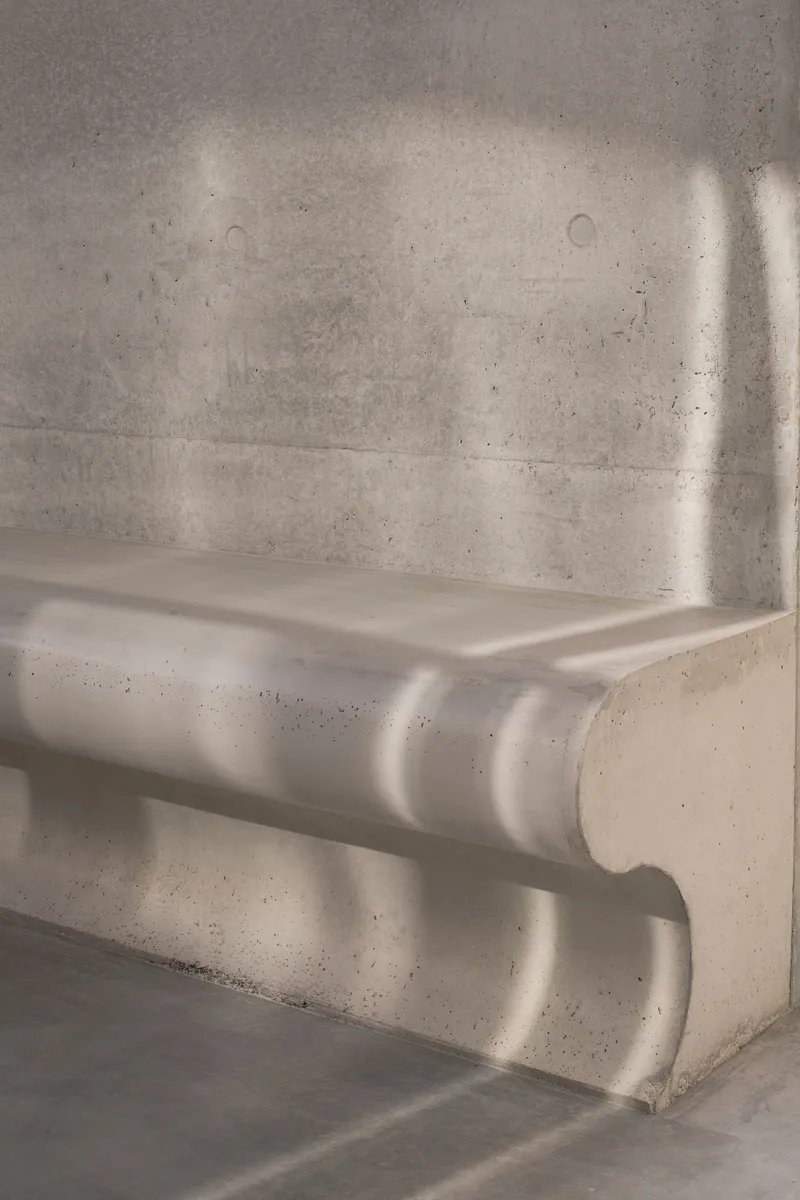 Close-up of board-formed concrete stair treads with dappled sunlight across the surface