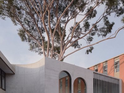 Farrell Wray Architects Wraps a Eucalyptus Tree in a Concrete Gallery Bridge at Marcellin College