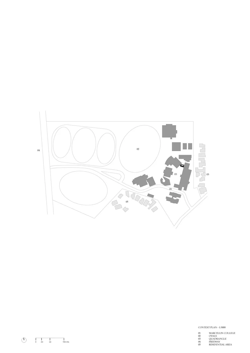Site plan drawing showing circular ovals and angular building footprints arranged across the property