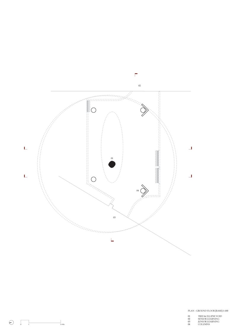 Ground floor plan drawing showing oval central void with circulation paths and surrounding program spaces