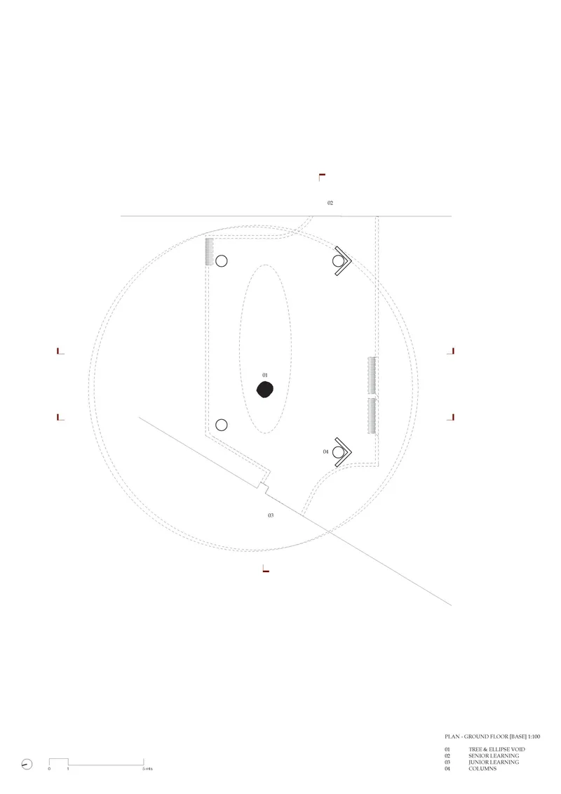 Ground floor plan drawing showing oval central void with circulation paths and surrounding program spaces