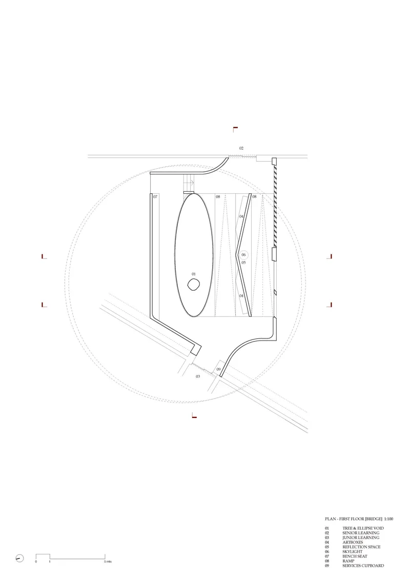 Floor plan drawing showing a bathroom with oval tub and angled entry with circular clearance zones