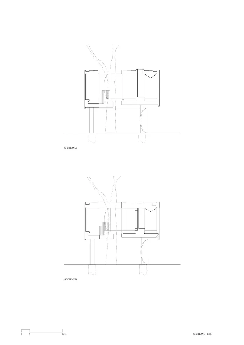 Section drawings showing interior room configurations with trees penetrating through the structure