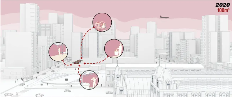 The initial 2020 intervention introduces a compact 100 m³ green structure near Luz Station.