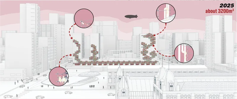 By 2025, the modular system expands across surrounding facades into a 3,200 m³ urban network.