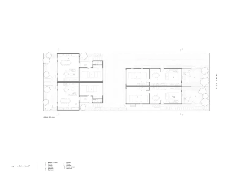 Ground floor plan drawing showing two residential units with landscaped courtyards flanking each side