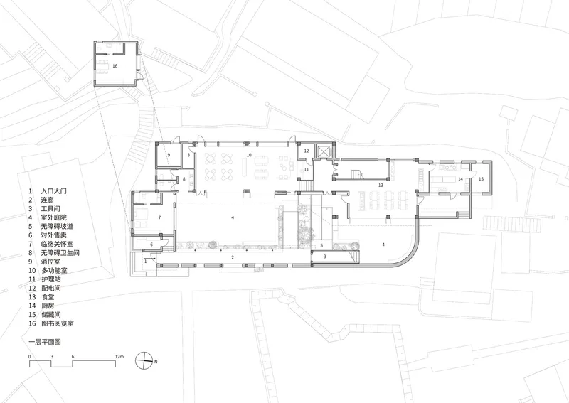 First floor plan drawing showing an elongated L-shaped layout with multiple rooms and courtyards