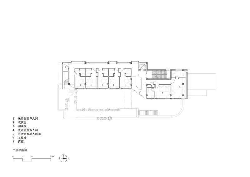 Second floor plan drawing showing a row of repetitive rooms along a corridor with outdoor terraces