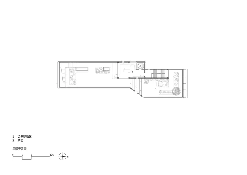 Third floor plan drawing showing two connected volumes with roof terraces and planted areas