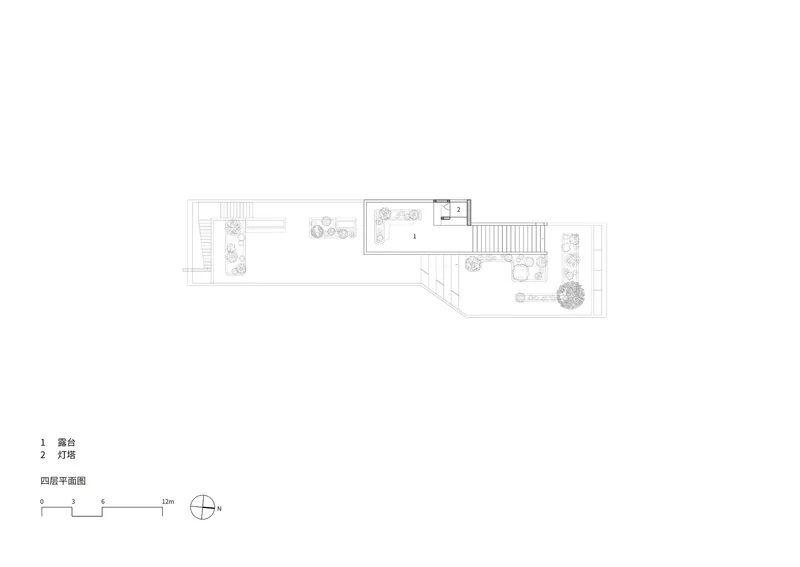 Fourth floor plan drawing showing a narrow linear volume with planted terraces at both ends