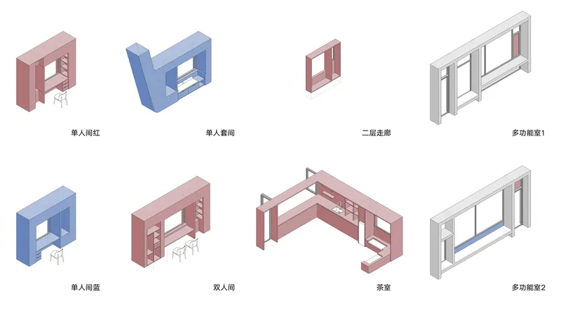 Isometric diagrams illustrating various modular furniture and seating configurations in pink, blue and grey