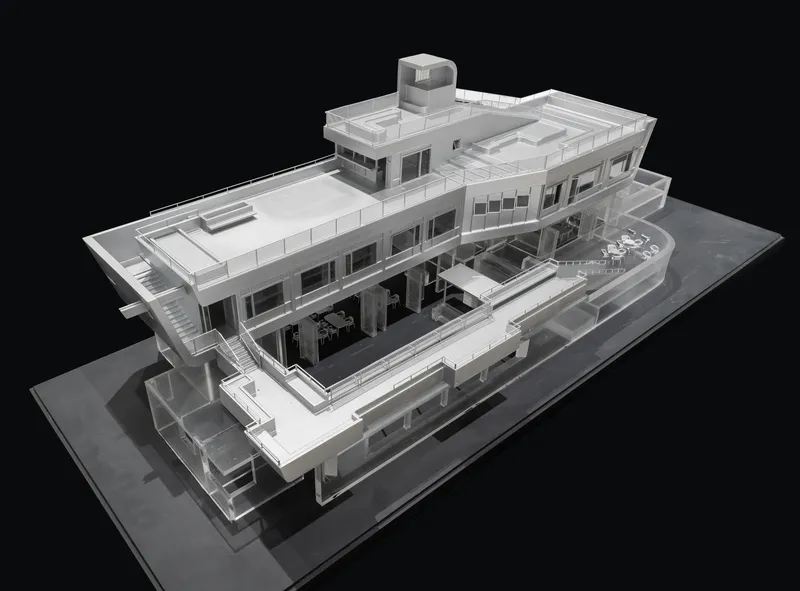 Physical model in angled view revealing layered horizontal terraces and a cylindrical rooftop element