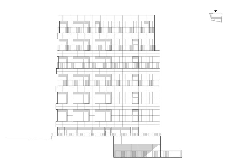 Elevation drawing showing a seven-story facade with repeating window openings and vertical louvers