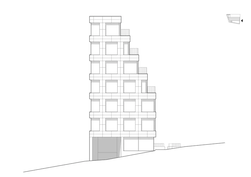 Elevation drawing showing the stepped profile rising from a sloped ground plane