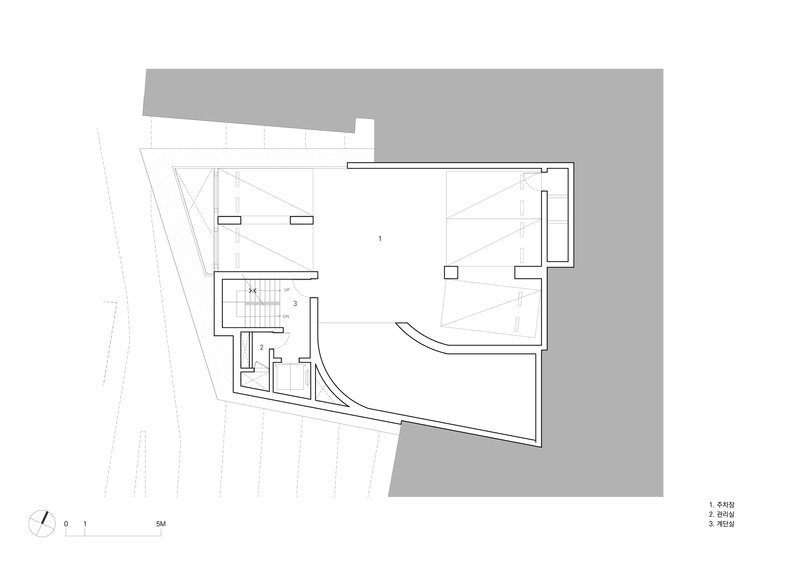 Roof plan drawing showing the angled upper level with terraces and stair core