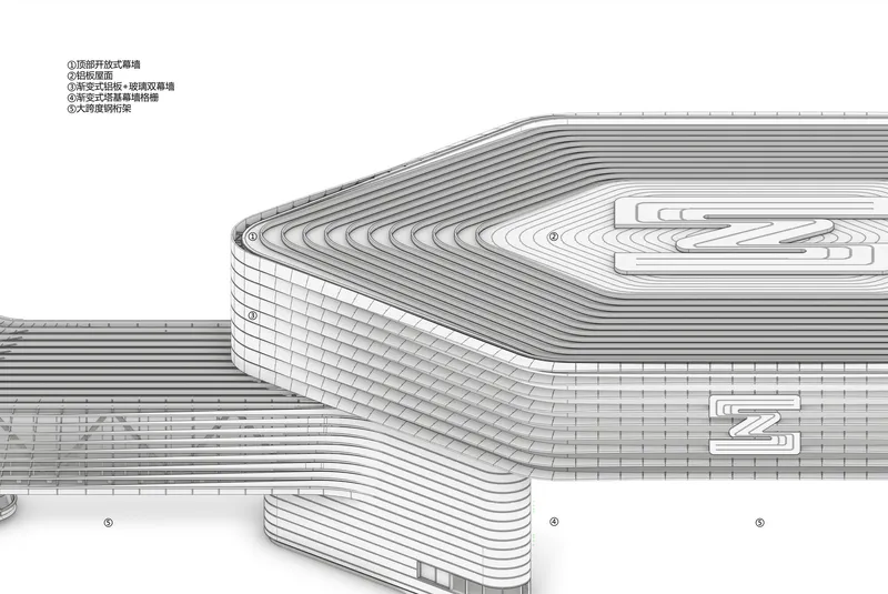 Axonometric drawing of the horizontally striated building volumes with curved corners and rooftop openings