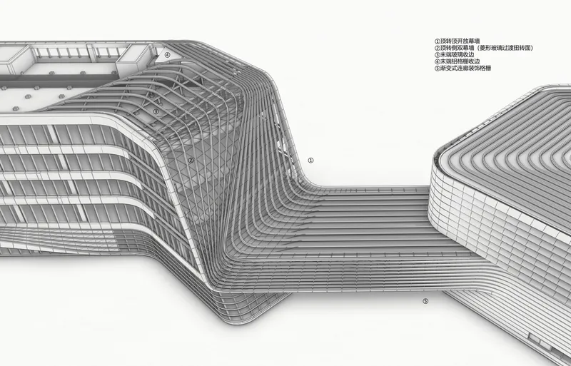 Axonometric detail drawing showing the ribbed facade connection between two curved building volumes