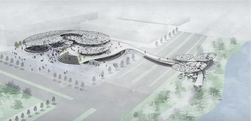 Aerial view of the mangrove-inspired market connecting urban public space with the Saigon River waterfront.