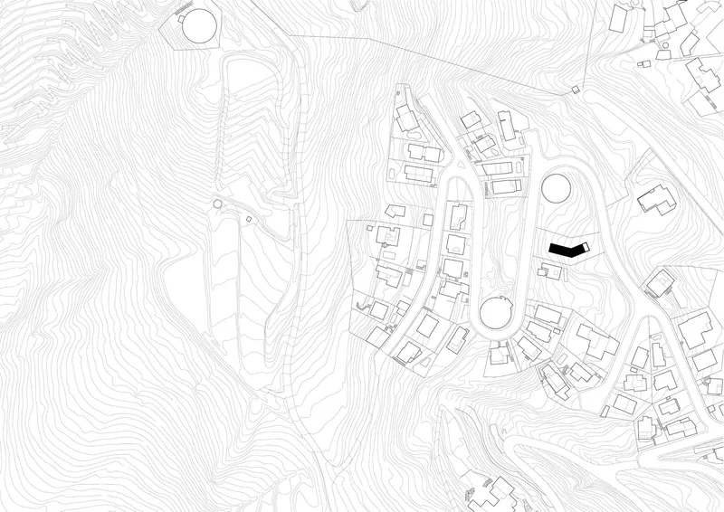 Site plan drawing showing building footprint among topographic contour lines and neighboring structures