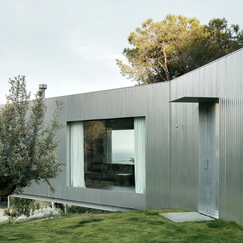 Corner window and entrance door on corrugated metal volume elevated above lawn and olive trees