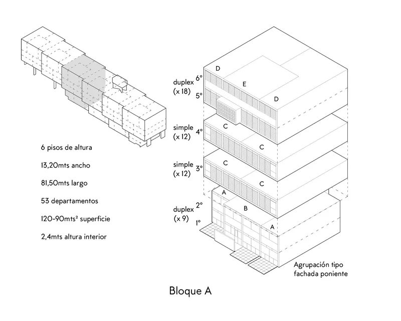 Axonometric drawing showing residential block with floor-by-floor unit distribution and dimensional annotations