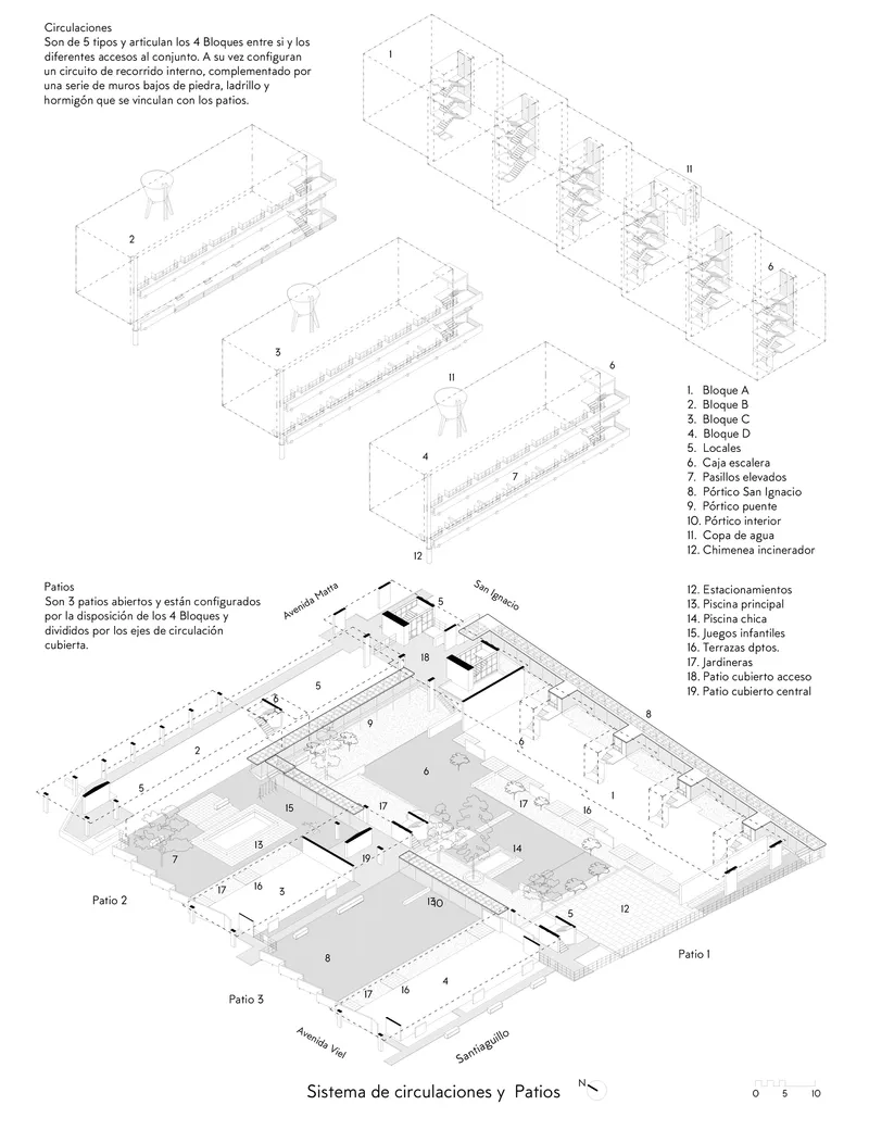 Isometric drawing showing circulation blocks and courtyard patios in a linear residential complex