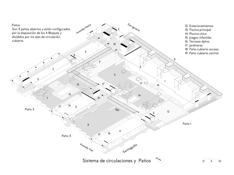 Axonometric drawing showing a complex of courtyards, pools, and planted areas with numbered circulation paths