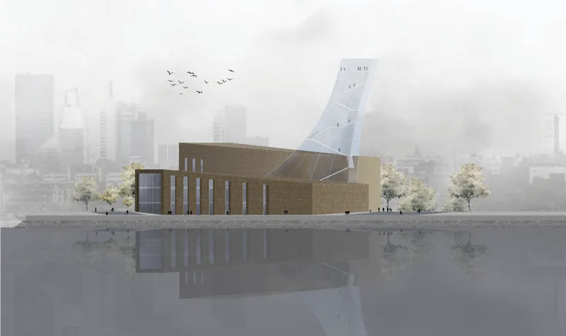 Rendering showing brick volumes and a tilted glass tower reflected in the waterfront under a misty sky