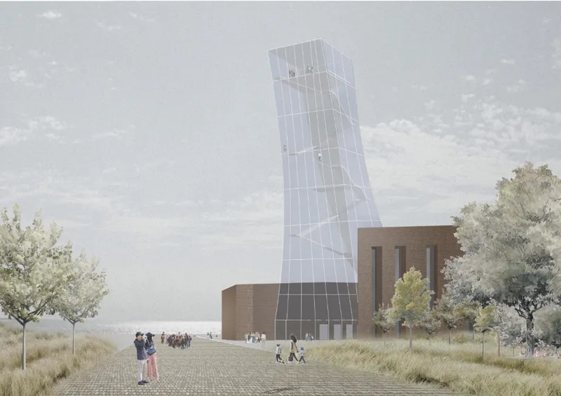 Rendering of the leaning glass tower rising above brick base volumes with visitors on the grassy plaza