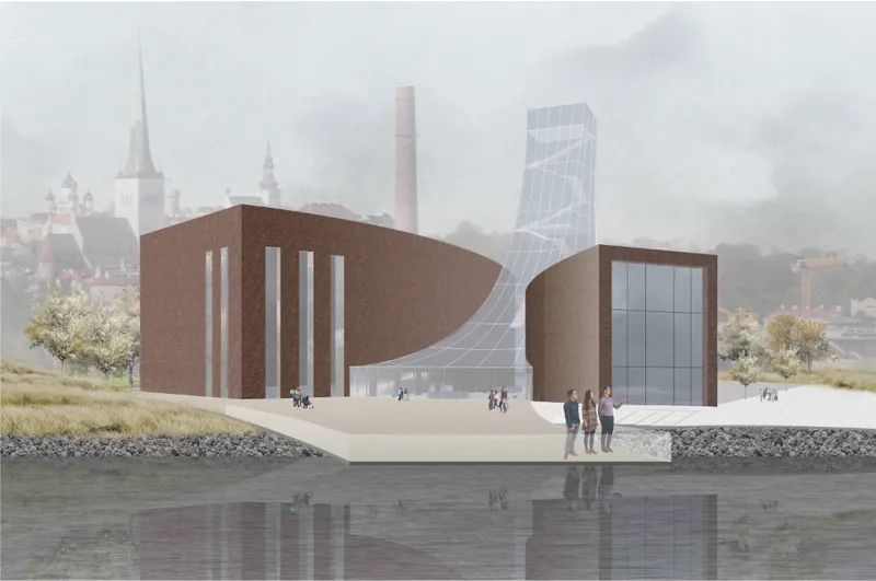 Waterfront rendering showing the brick complex and twisted glass tower with visitors on the concrete promenade