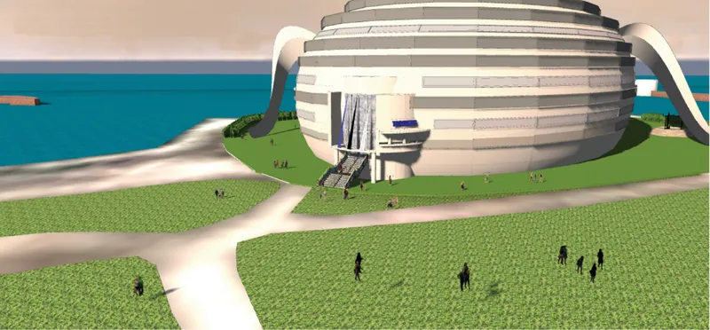 Rendered view of the domed structure with horizontal banding and curving bridge elements over green lawn with visitors
