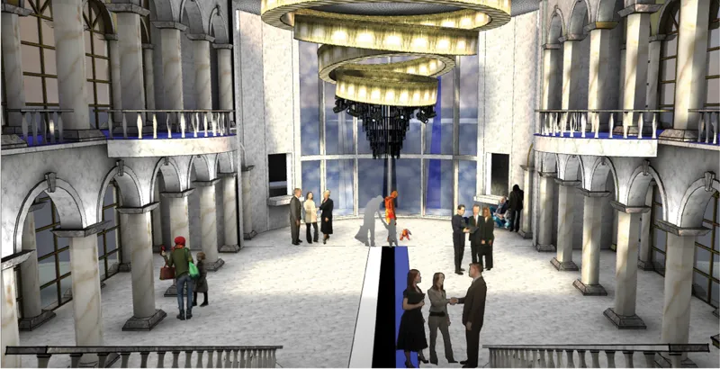 Interior atrium with stone columns and arched openings beneath circular illuminated ring chandeliers and visitors below