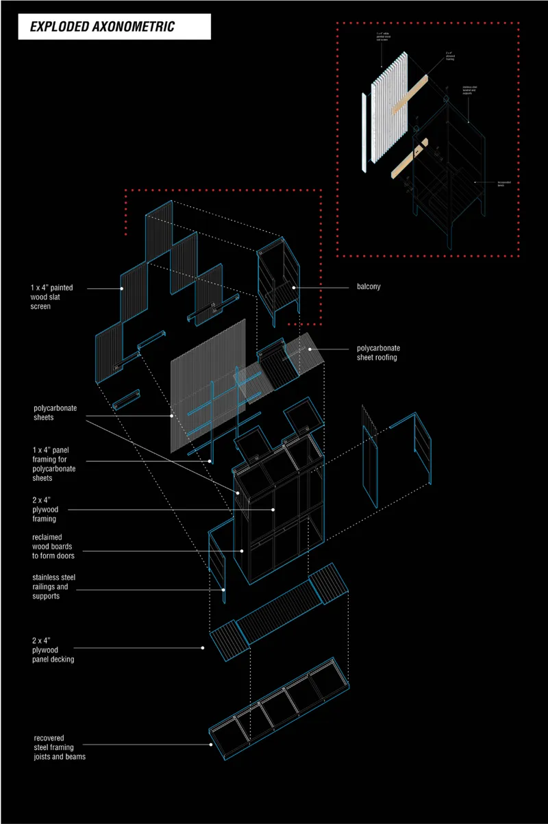 Exploded axonometric detailing the modular steel frame, reclaimed timber, and polycarbonate envelope.