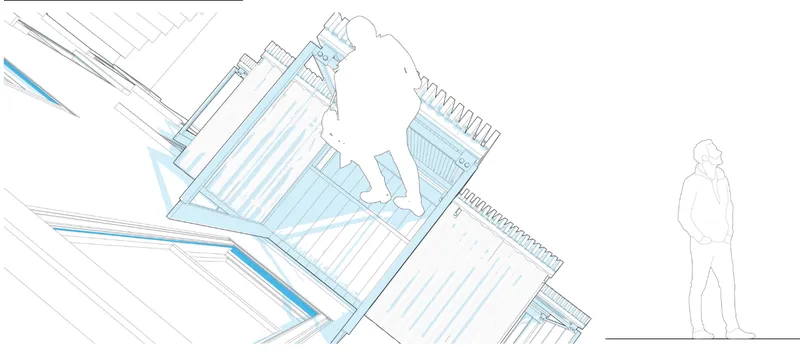 Low-angle perspective illustrating the parasitic structure projecting from the existing façade.