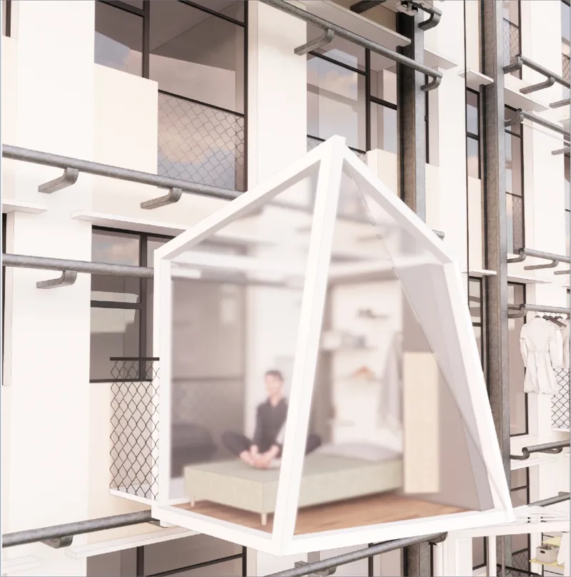 House-shaped balcony enclosure with pitched frame and translucent panels between neighboring apartment units