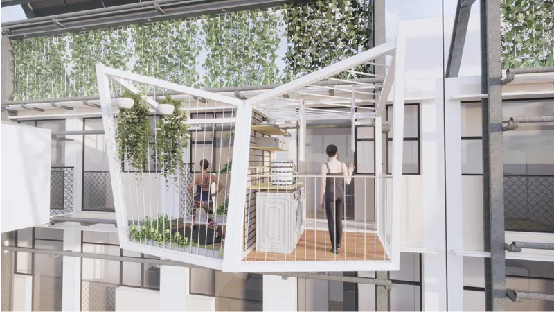 Cantilevered balcony pod with overhead green wall and interior planters facing the courtyard atrium
