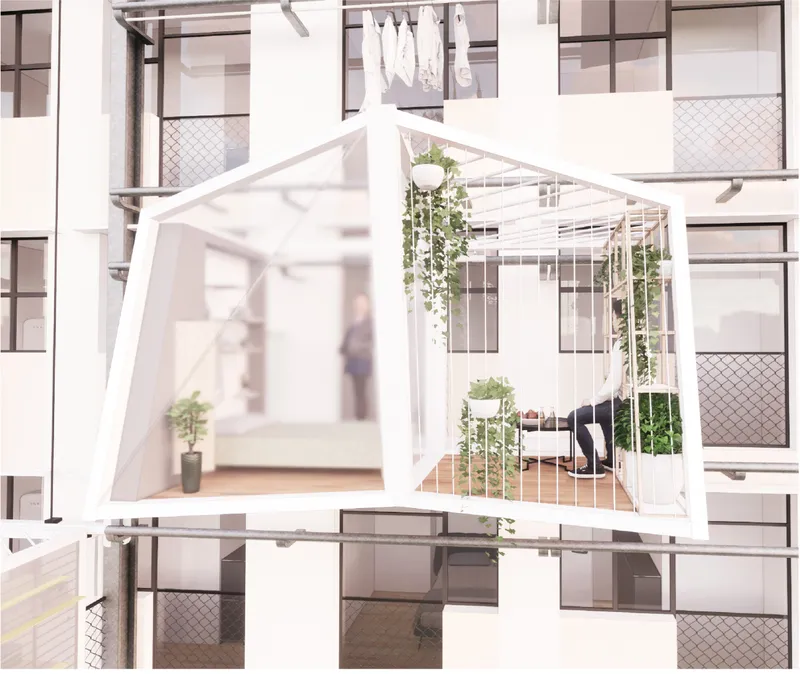 White steel balcony frame with hanging plants and vertical garden elements viewed through neighboring units