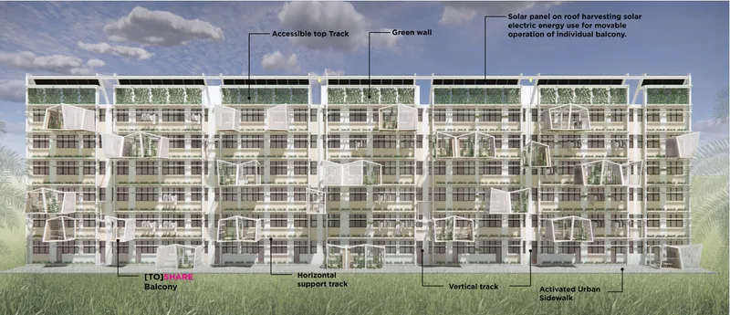 Section drawing showing multi-story residential facade with balcony modules, green walls and rooftop solar panels