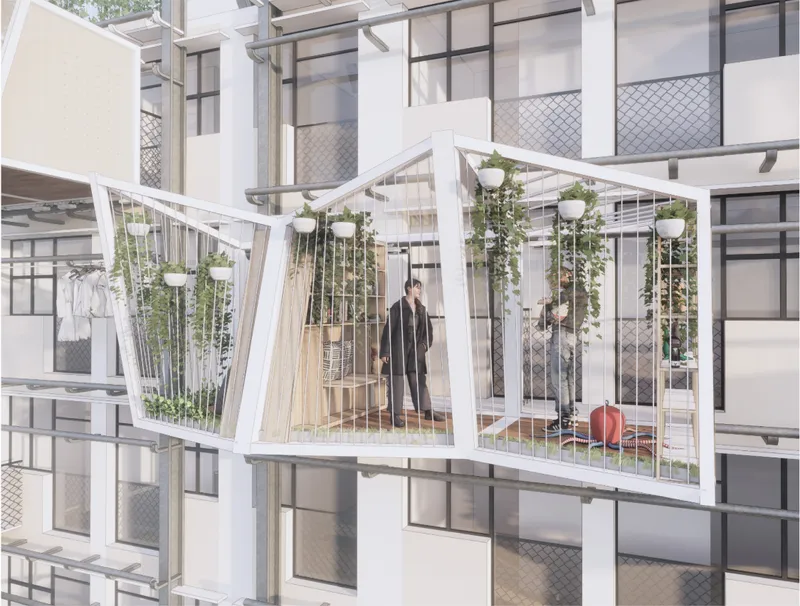 Extended balcony module with sloped frame, suspended planters and two occupants within the shared courtyard